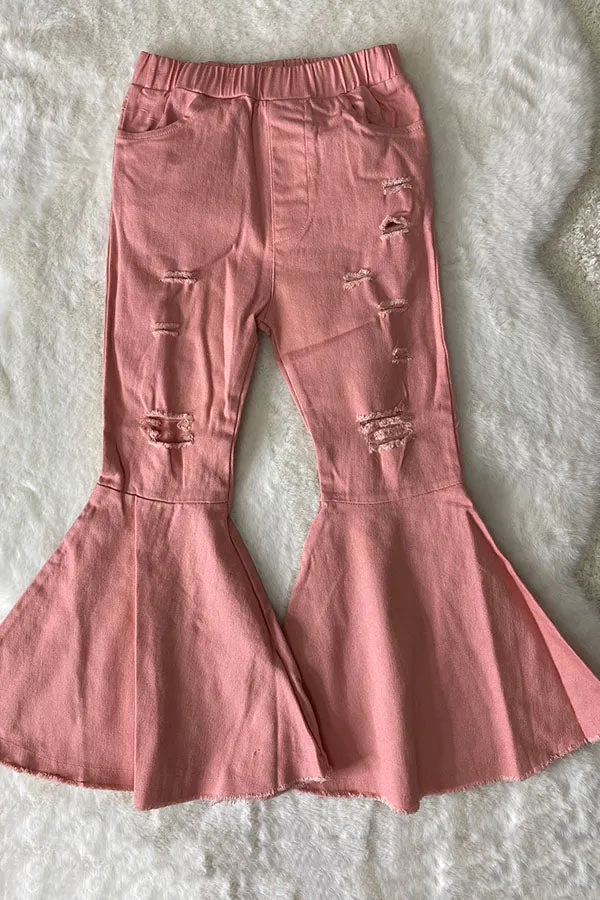 206014M Pink distressed bell bottom girl jeans