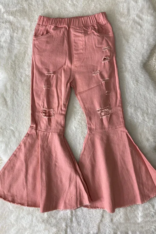 206014M Pink distressed bell bottom girl jeans