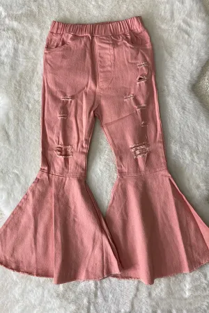 206014M Pink distressed bell bottom girl jeans