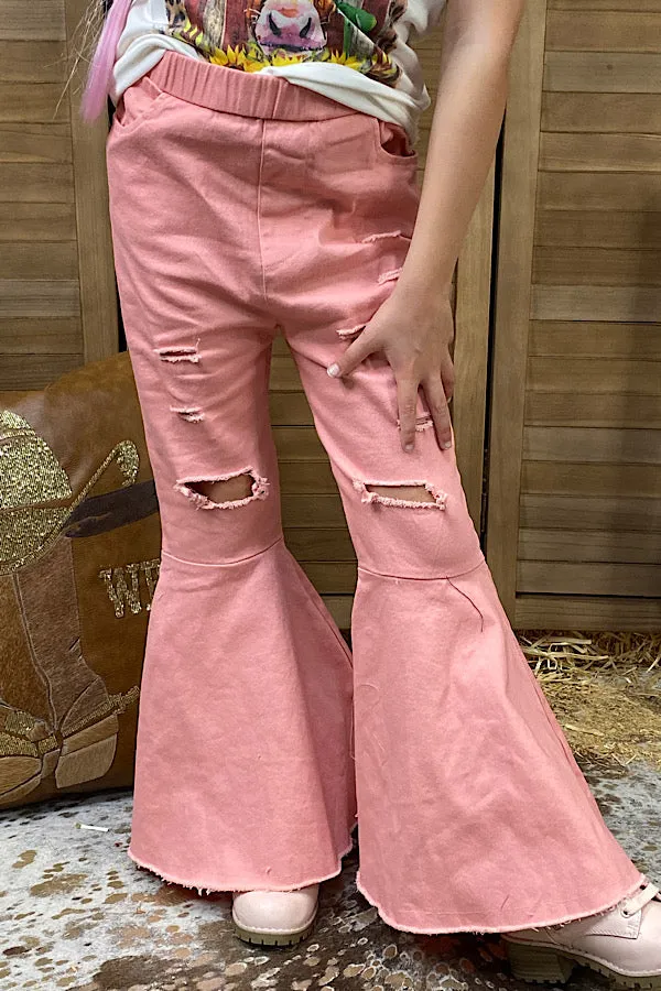 206014M Pink distressed bell bottom girl jeans