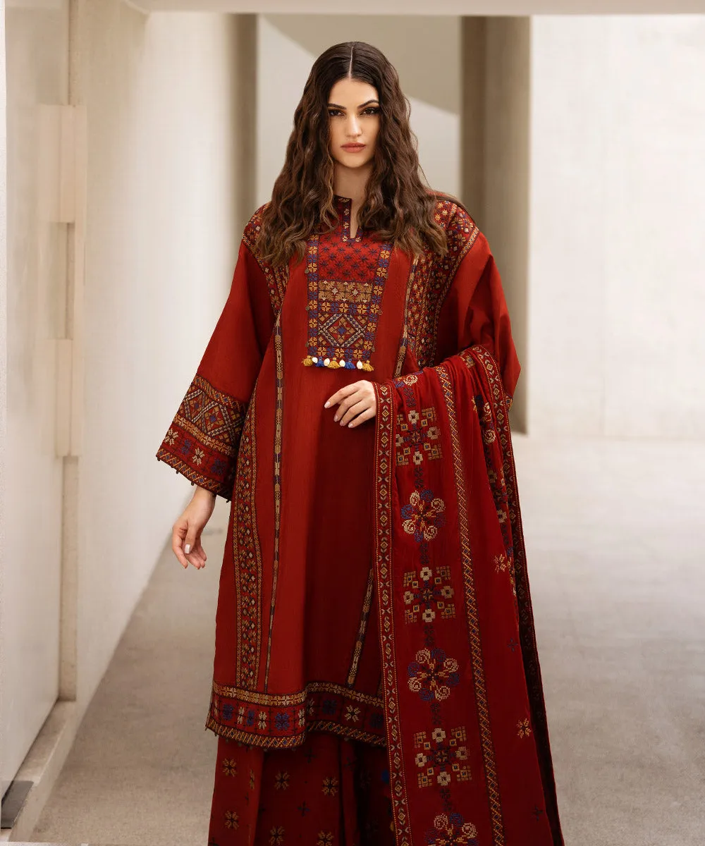 3 Piece -  Embroidered Raw Silk Suit