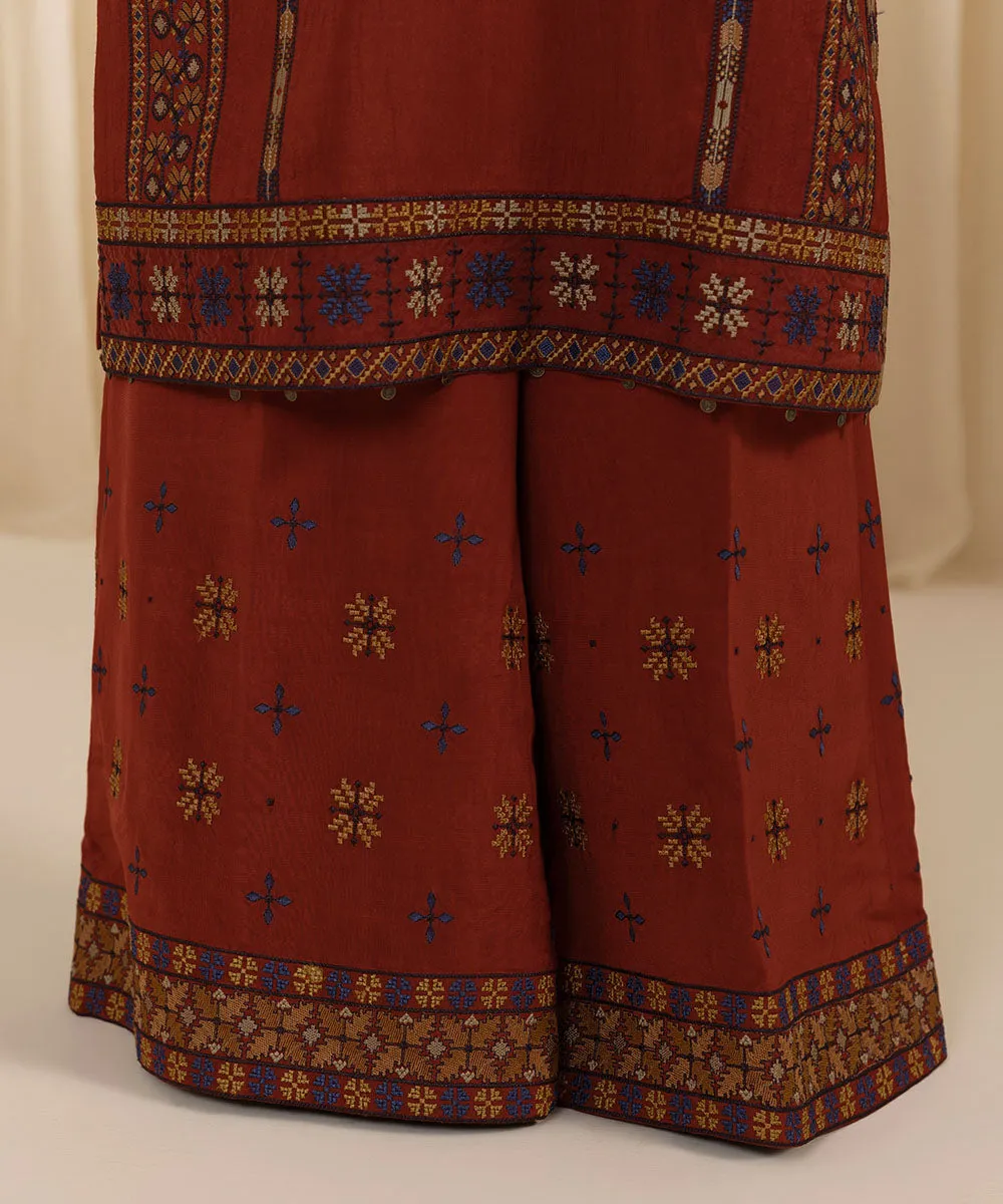 3 Piece -  Embroidered Raw Silk Suit