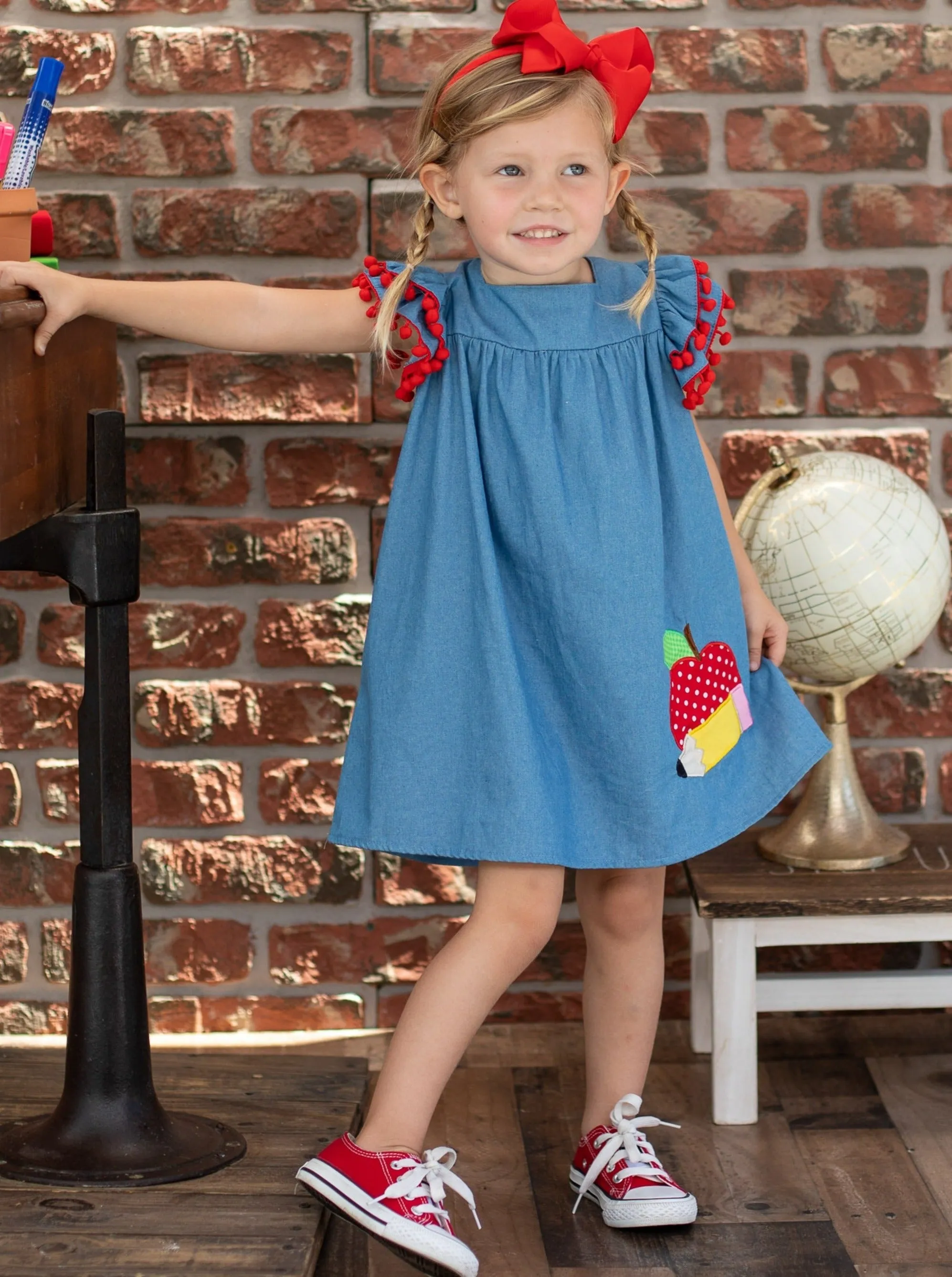 An Apple A Day Pom Pom Chambray Dress