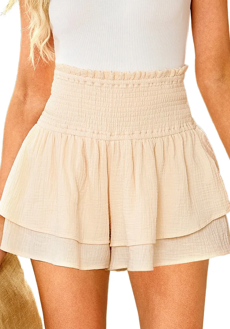 Antique White Women's Elastic Summer Waist High Waisted Ruffle Beach Shorts