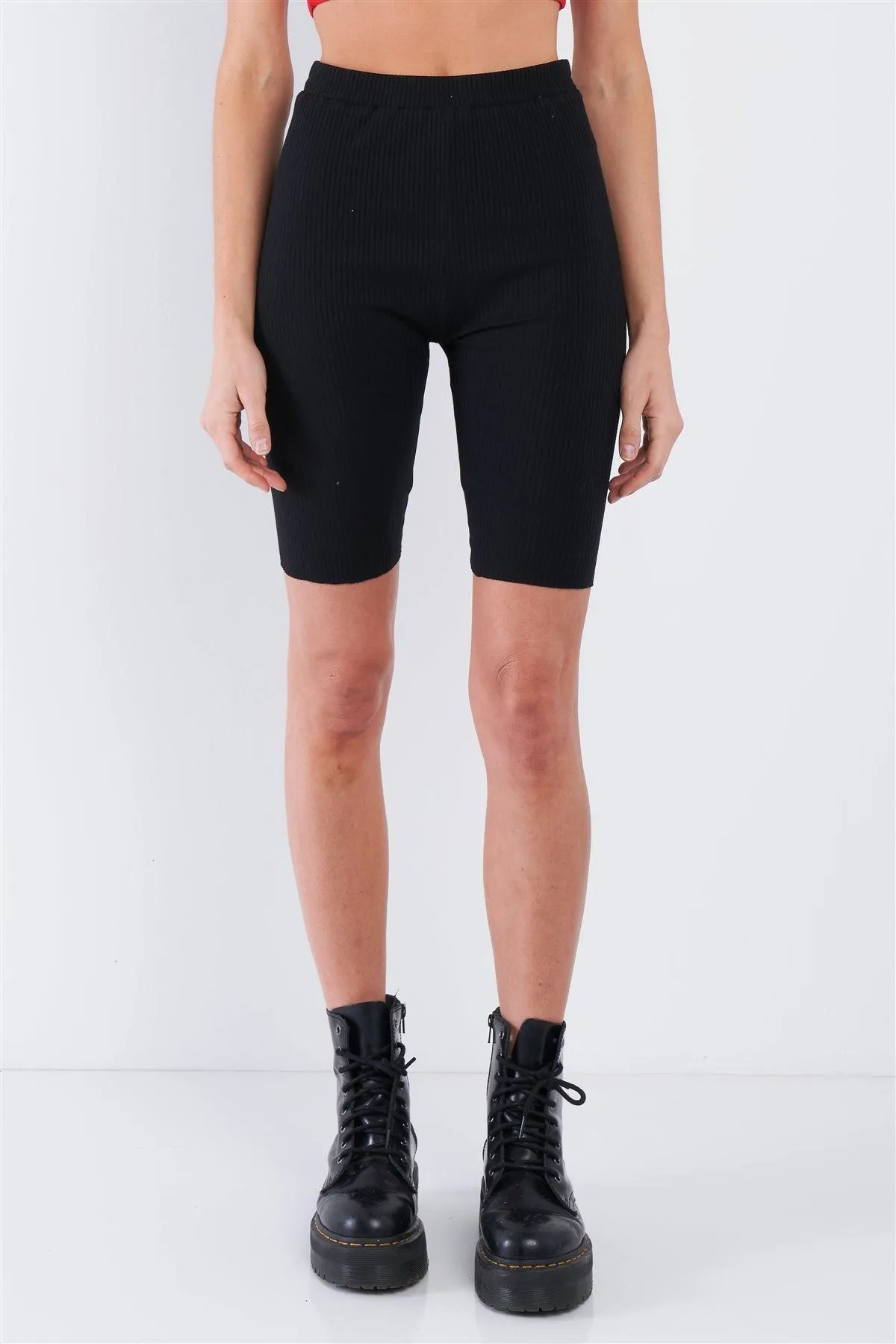 Athletic Black Ribbed Midi Biker Shorts /2-2-1