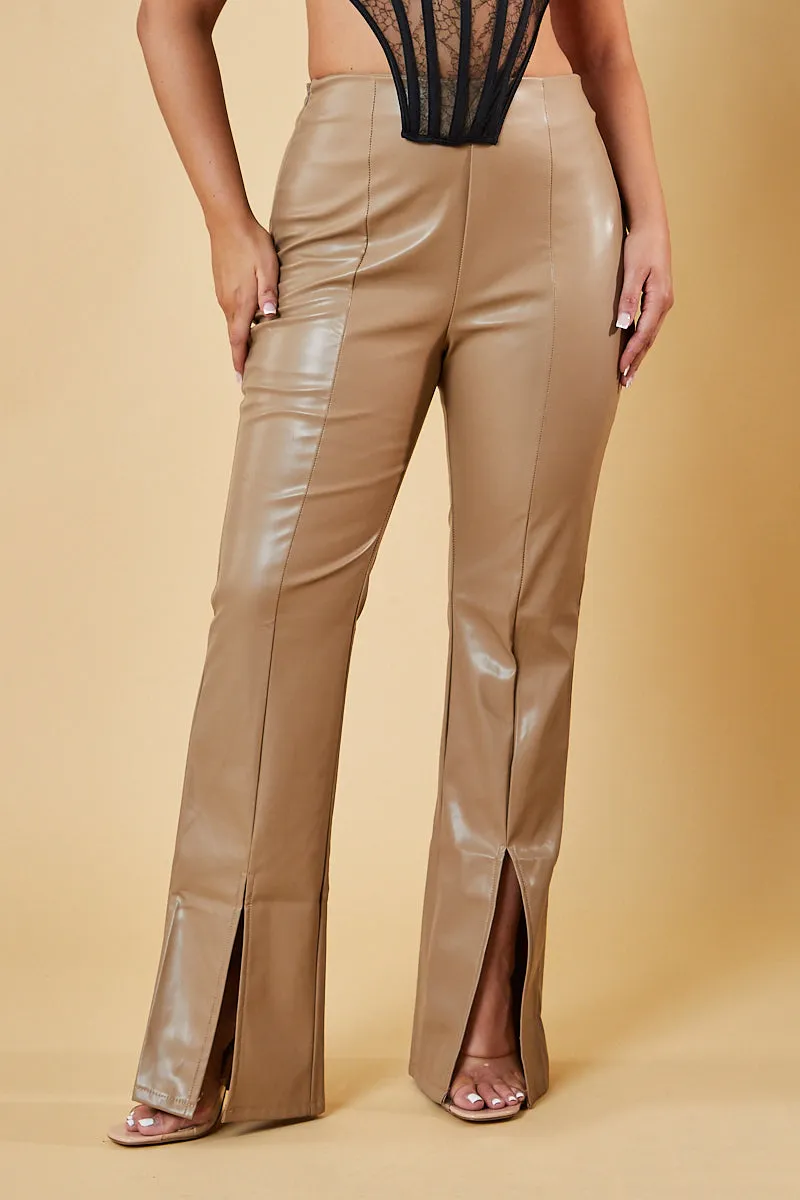 Beige Faux Leather Slit Front Trousers - Madeline