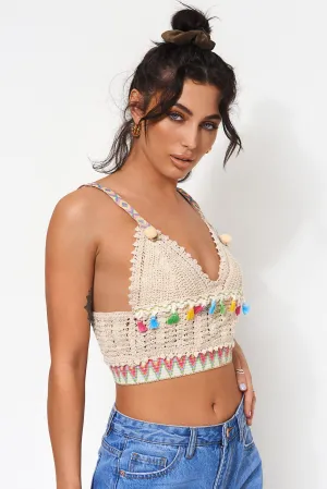 Beige Tassel Crochet Bralet Top