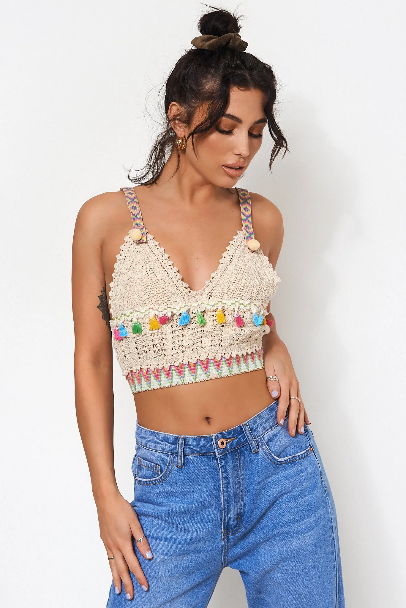 Beige Tassel Crochet Bralet Top