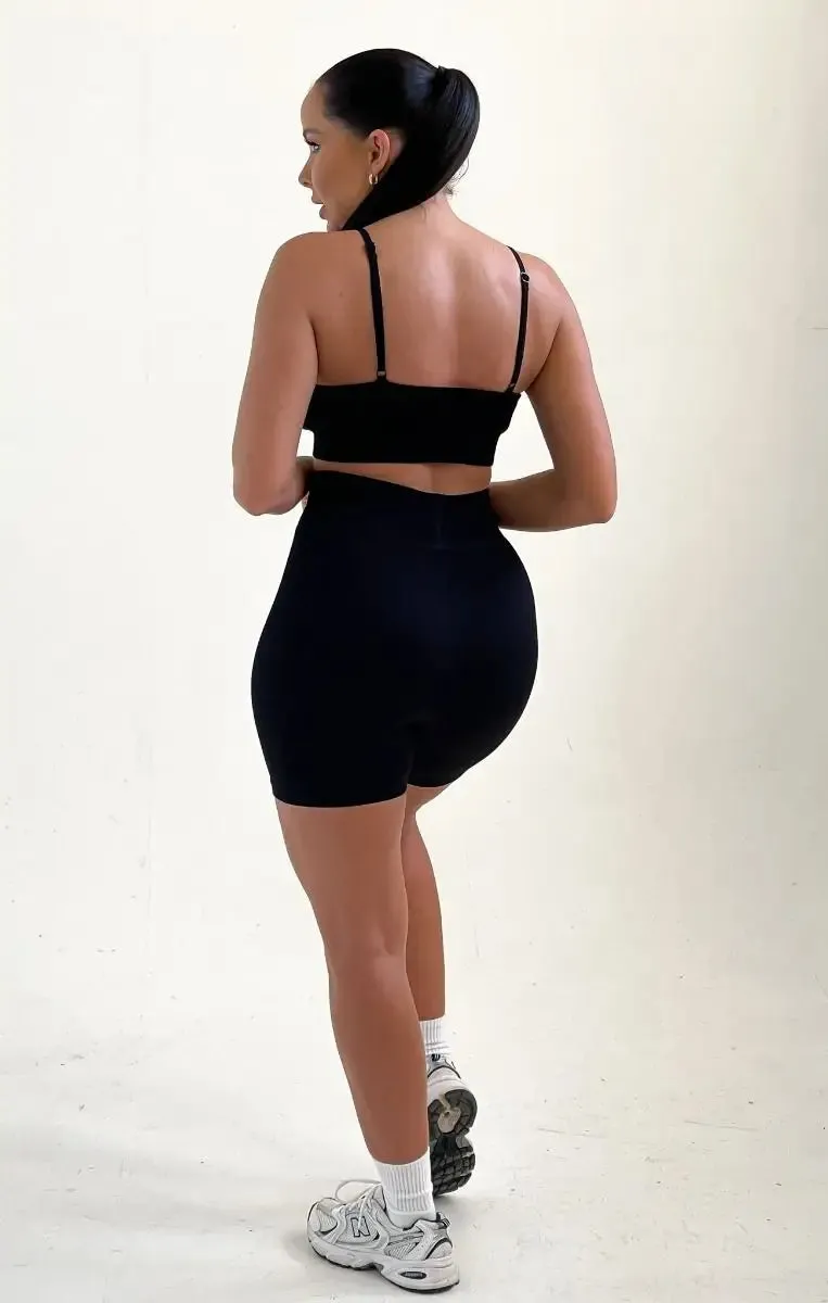 Black Strappy High Waisted Ribbed Top And Shorts Activewear