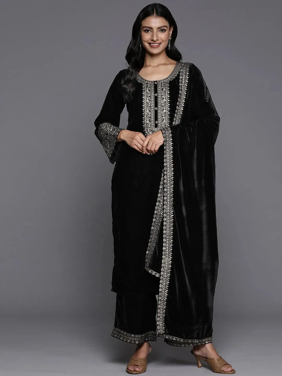 Black Yoke Design Velvet Straight Suit With Dupatta