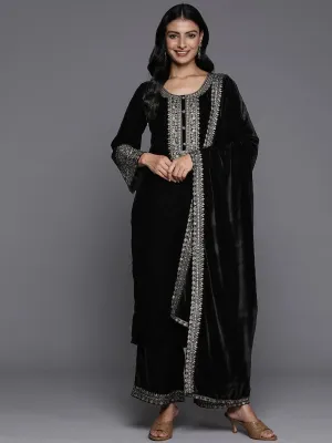 Black Yoke Design Velvet Straight Suit With Dupatta