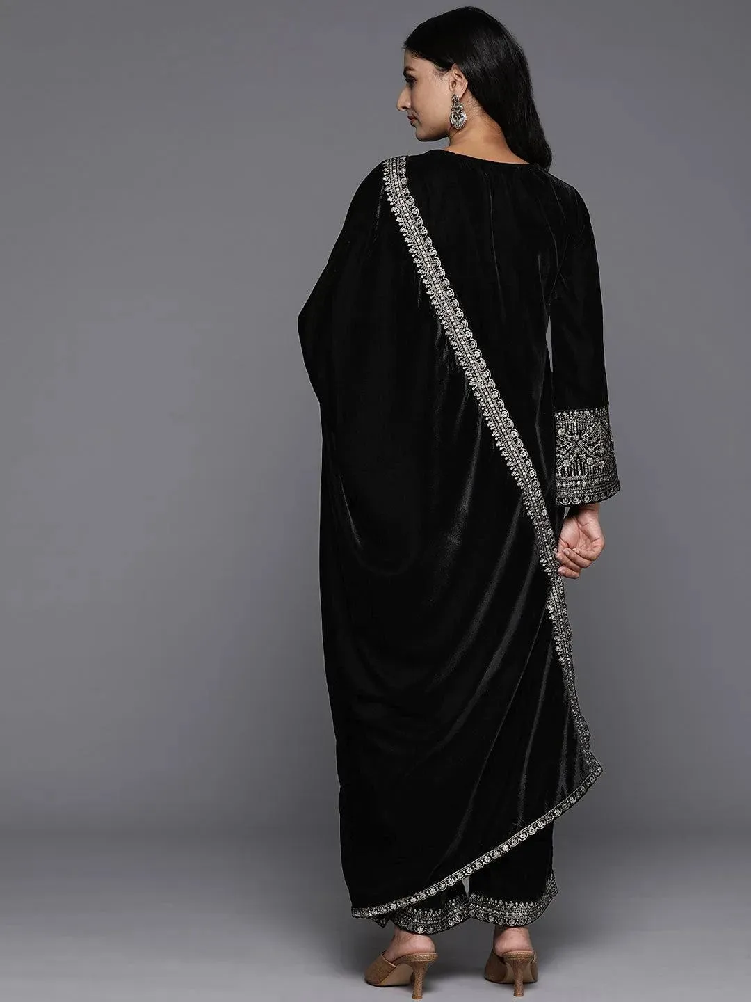 Black Yoke Design Velvet Straight Suit With Dupatta