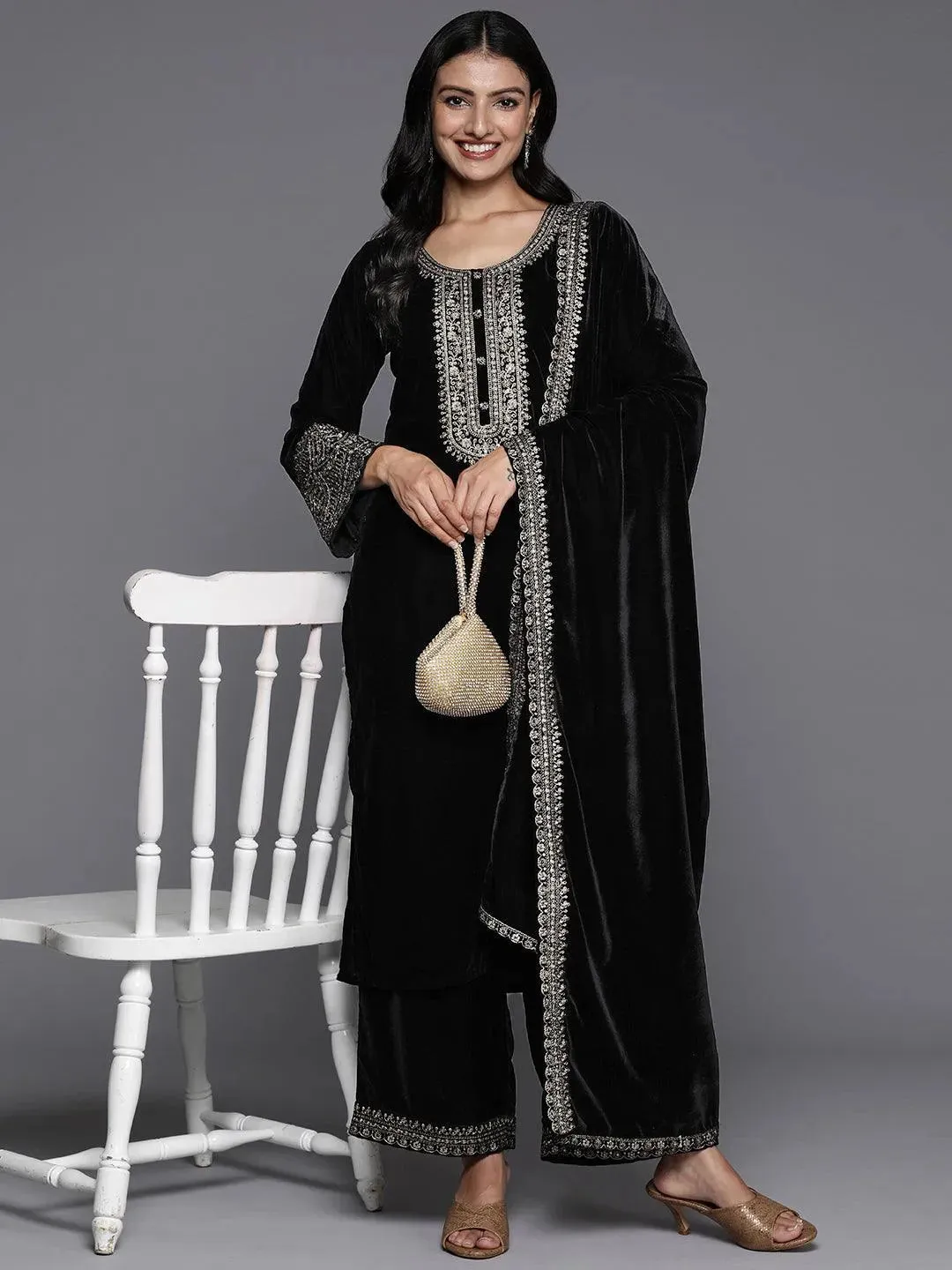 Black Yoke Design Velvet Straight Suit With Dupatta