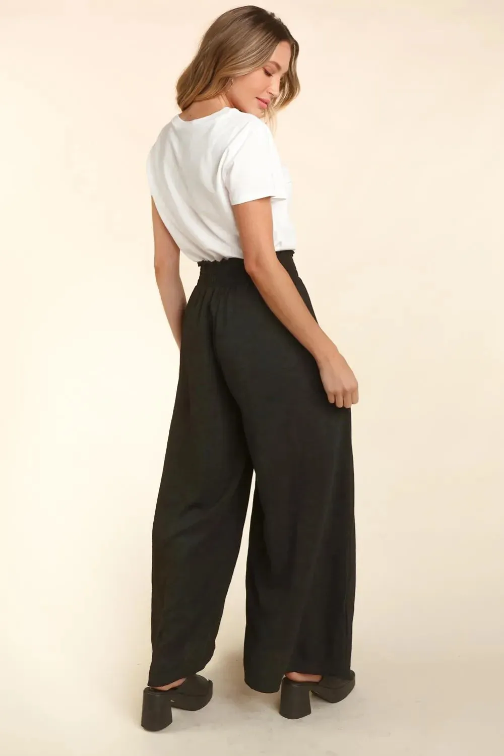 Elastic Waist Wide Leg Pants with Pockets