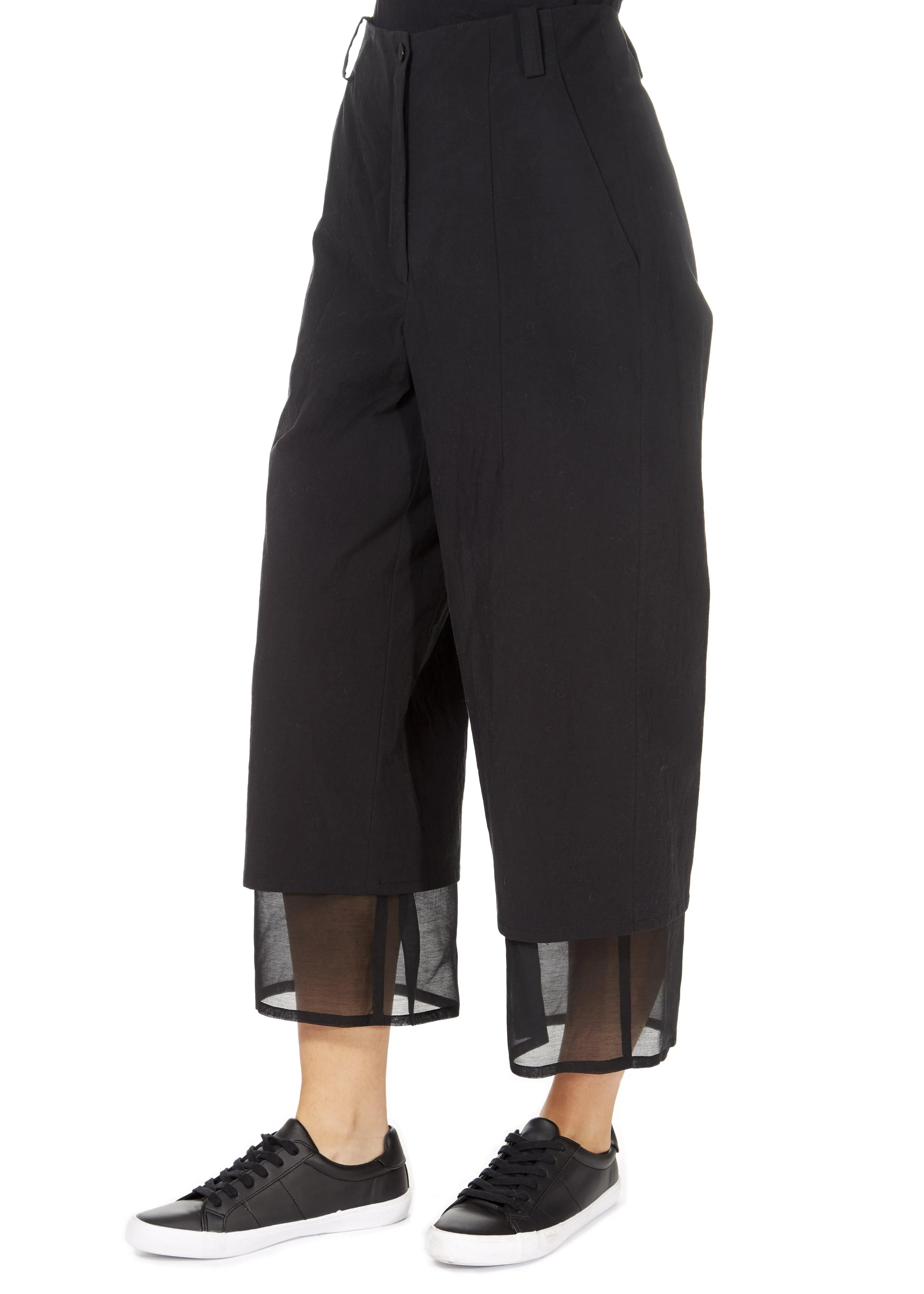 'Even' Cropped Black Chiffon Hem Wide Leg Trousers