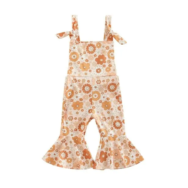 Flower Power - Baby Girl Jumpsuits Flare Bell Bottoms , Nude Multi