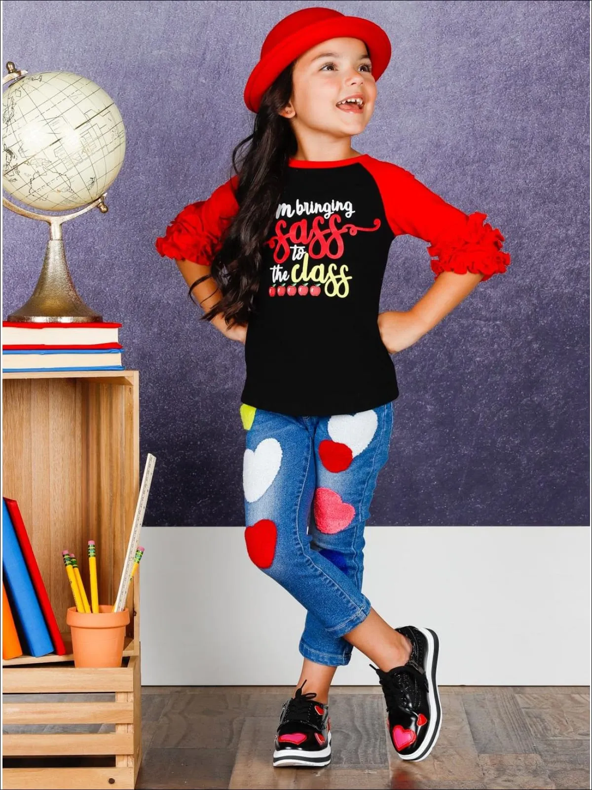 Girls 1st Day of School 1st Day of School Red And Black Long Ruffled Sleeve "Bringing Sass to the Class" Printed Color Block Top