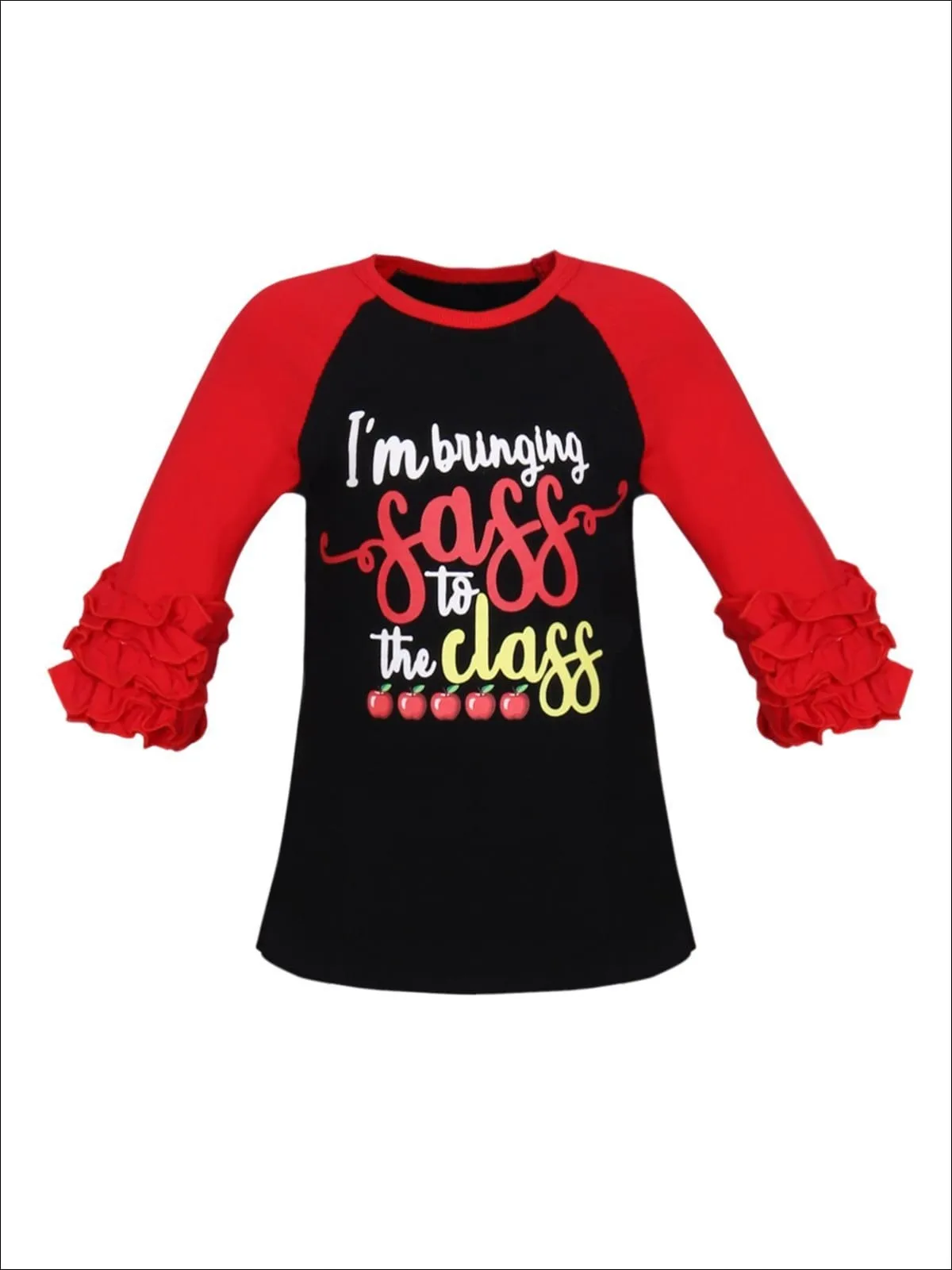 Girls 1st Day of School 1st Day of School Red And Black Long Ruffled Sleeve "Bringing Sass to the Class" Printed Color Block Top