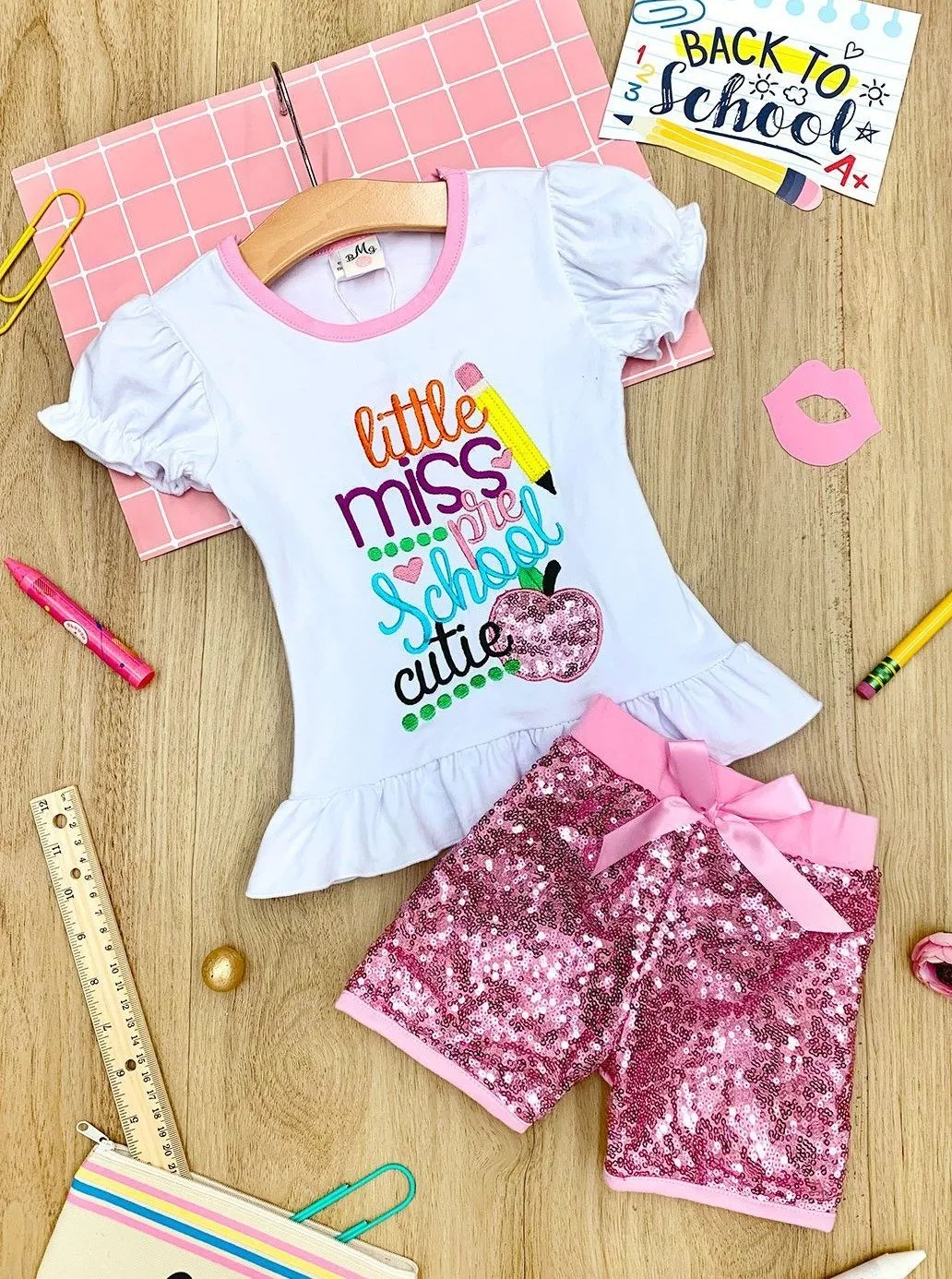 Girls 1st Day of School "Little Miss Preschool Cutie"  Ruffled Top & Sequin Shorts Set