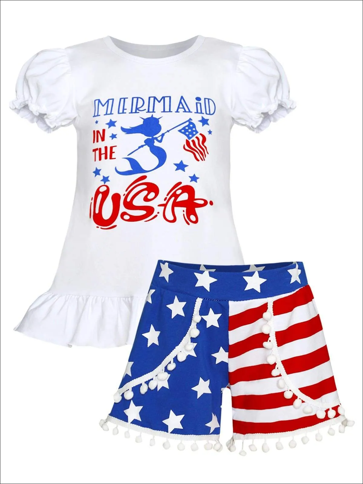 Girls 4th of July Themed "Mermaid in the USA" Ruffled Top And American Flag Print Pom Pom Short Set