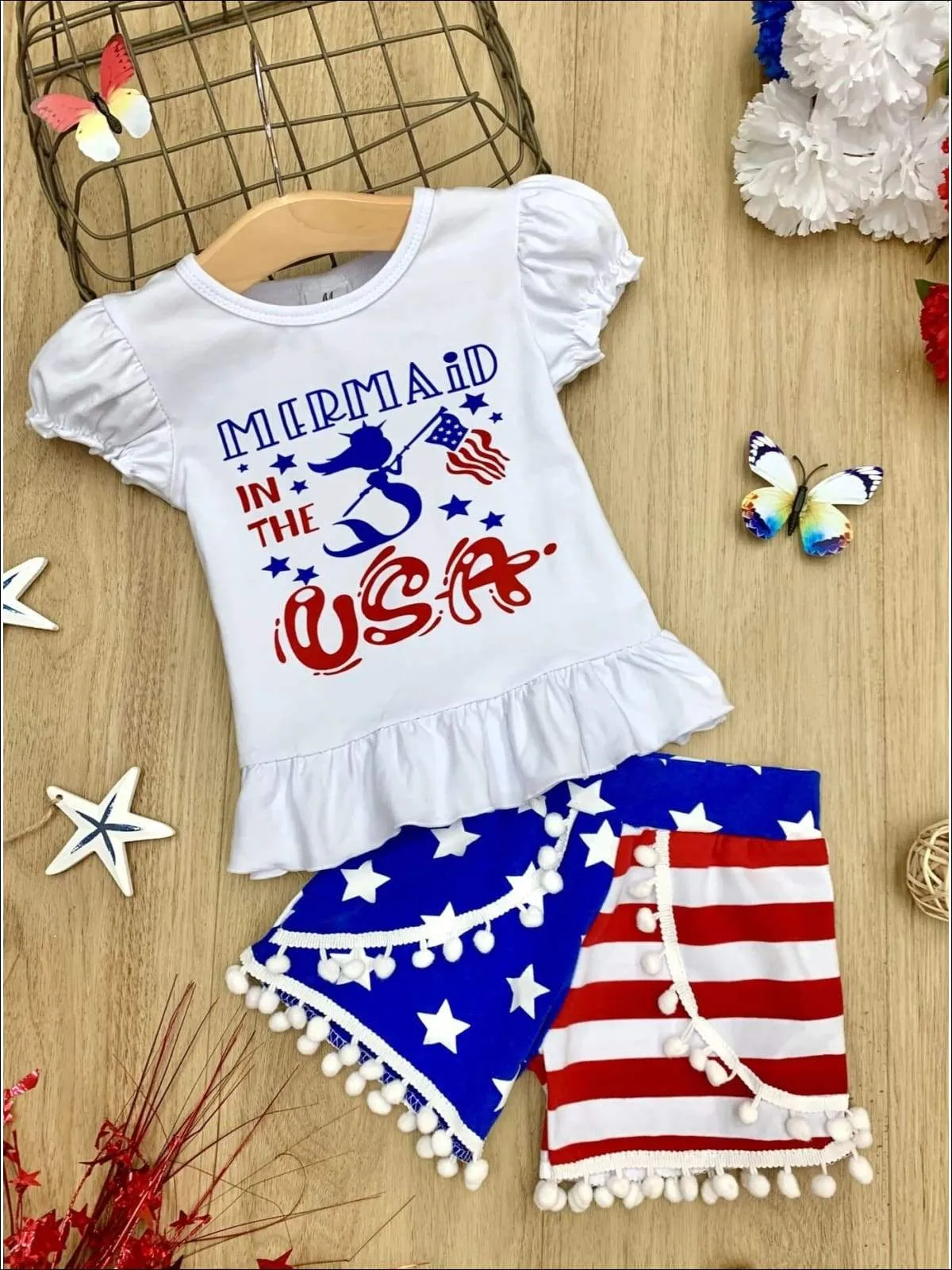 Girls 4th of July Themed "Mermaid in the USA" Ruffled Top And American Flag Print Pom Pom Short Set