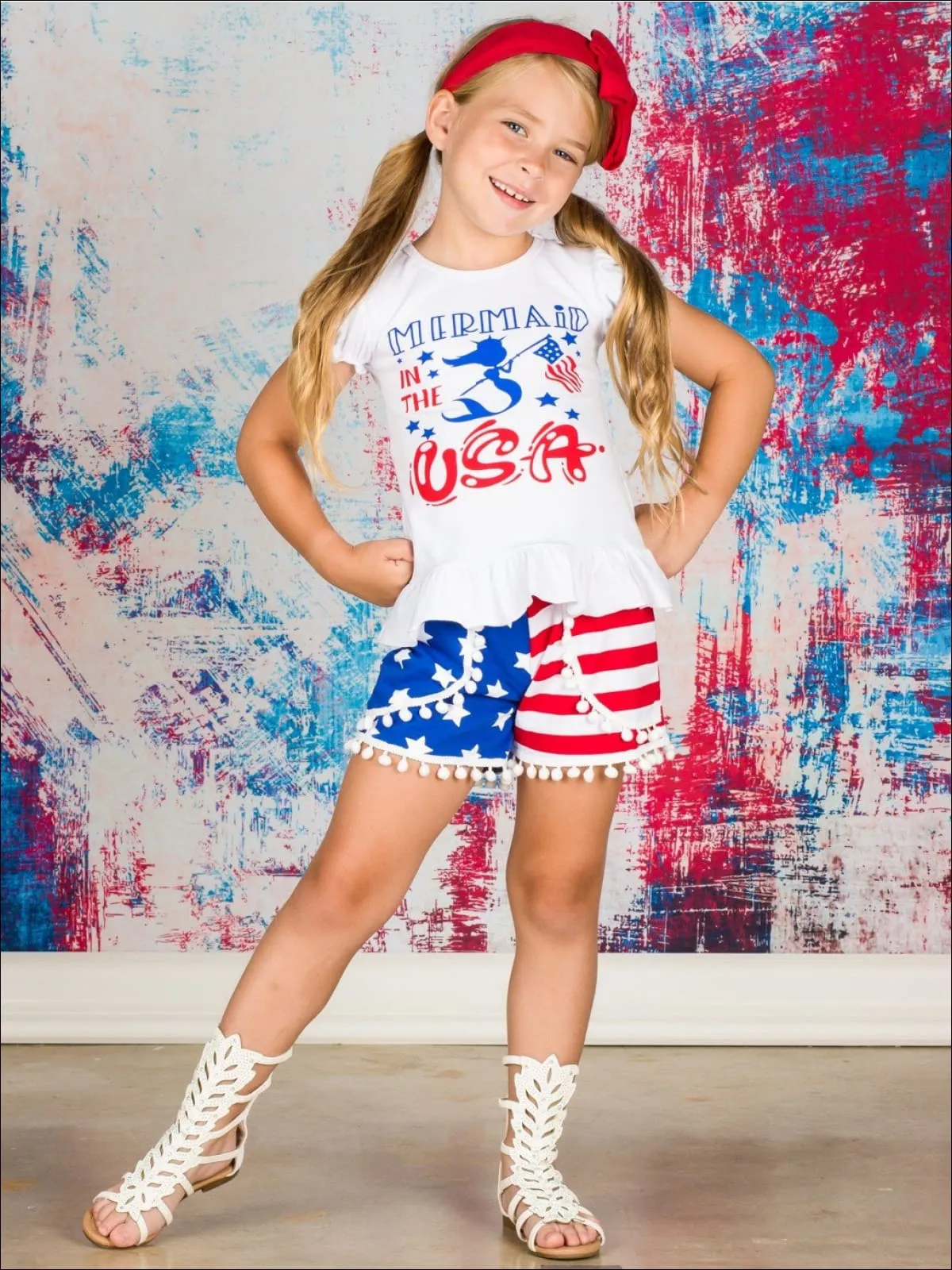 Girls 4th of July Themed "Mermaid in the USA" Ruffled Top And American Flag Print Pom Pom Short Set