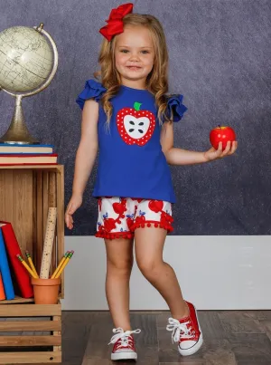 Girls Apple Applique Ruffled Top and Pom Pom Shorts Set