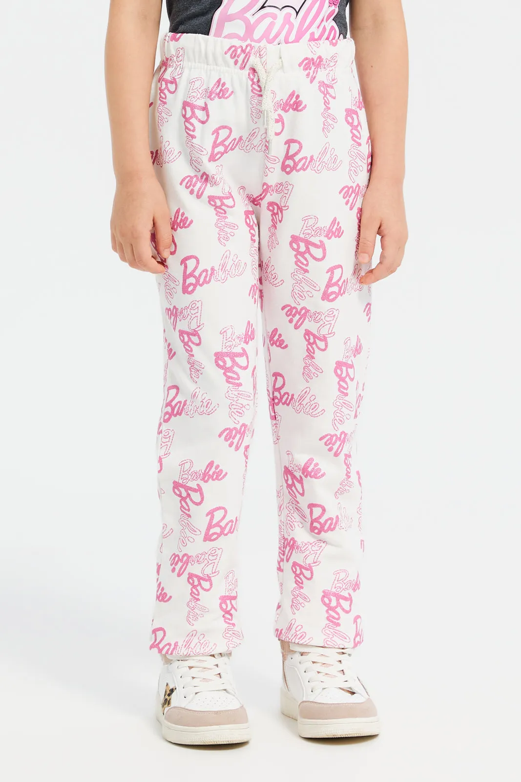 Girls Beige Barbie Print Track Pants