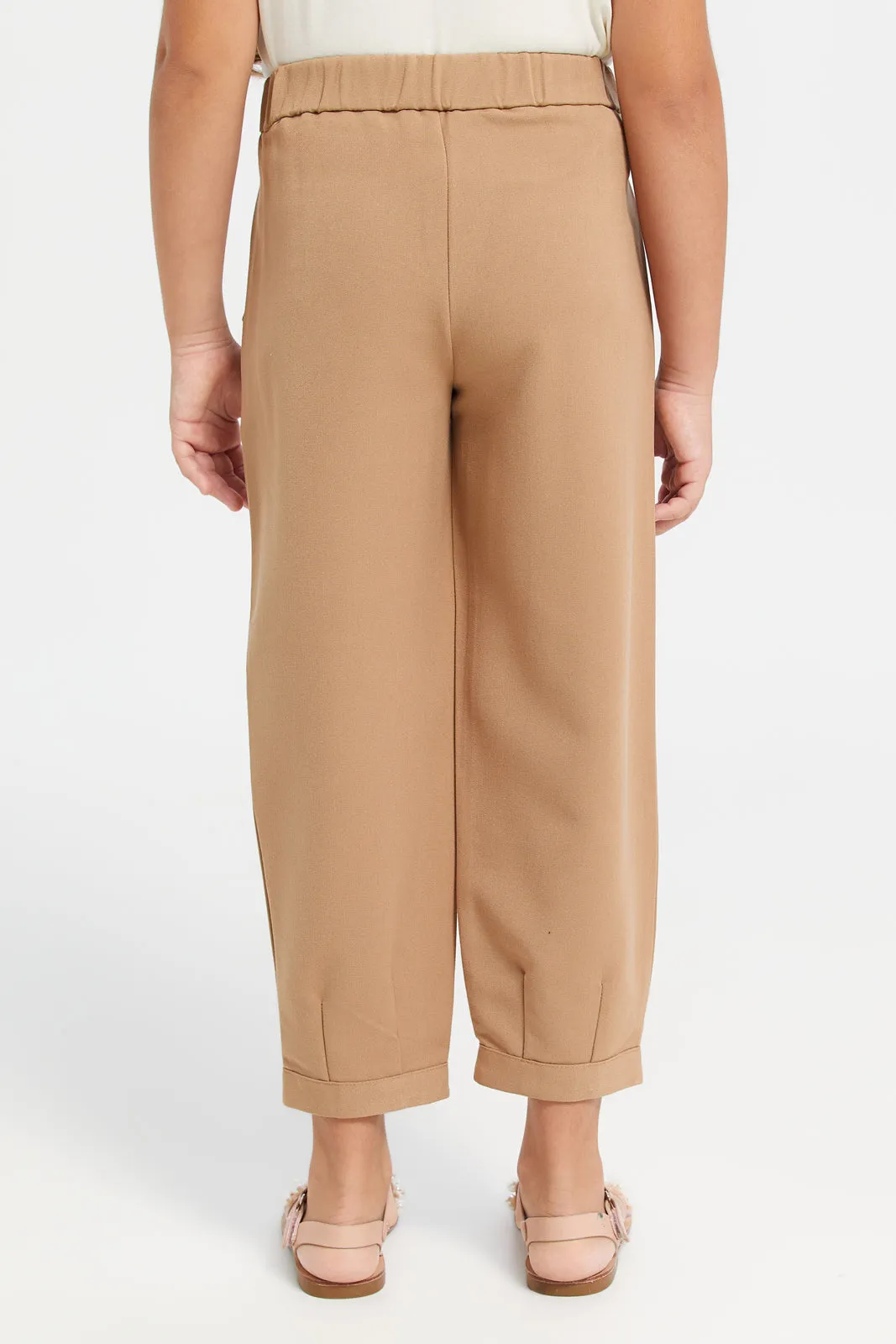 Girls Beige Pleated Trousers