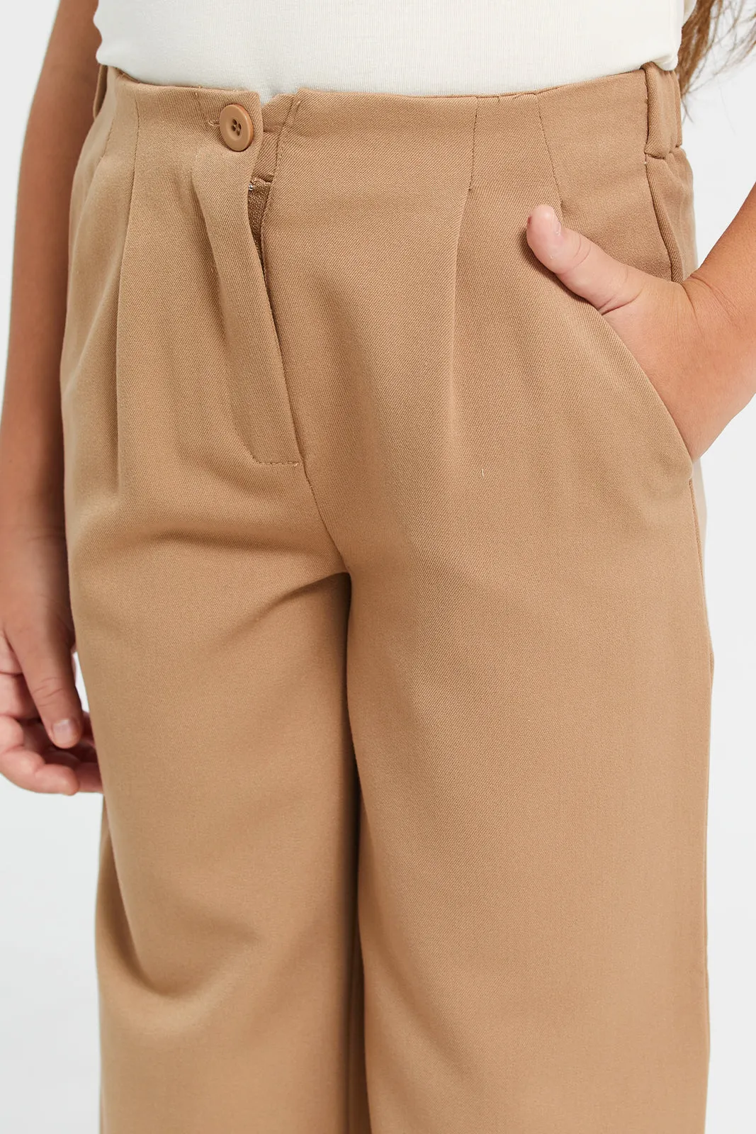 Girls Beige Pleated Trousers