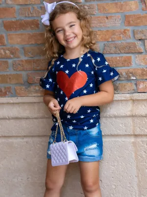 Girls Big Hearted 4th of July Top and Sequin Denim Shorts Set