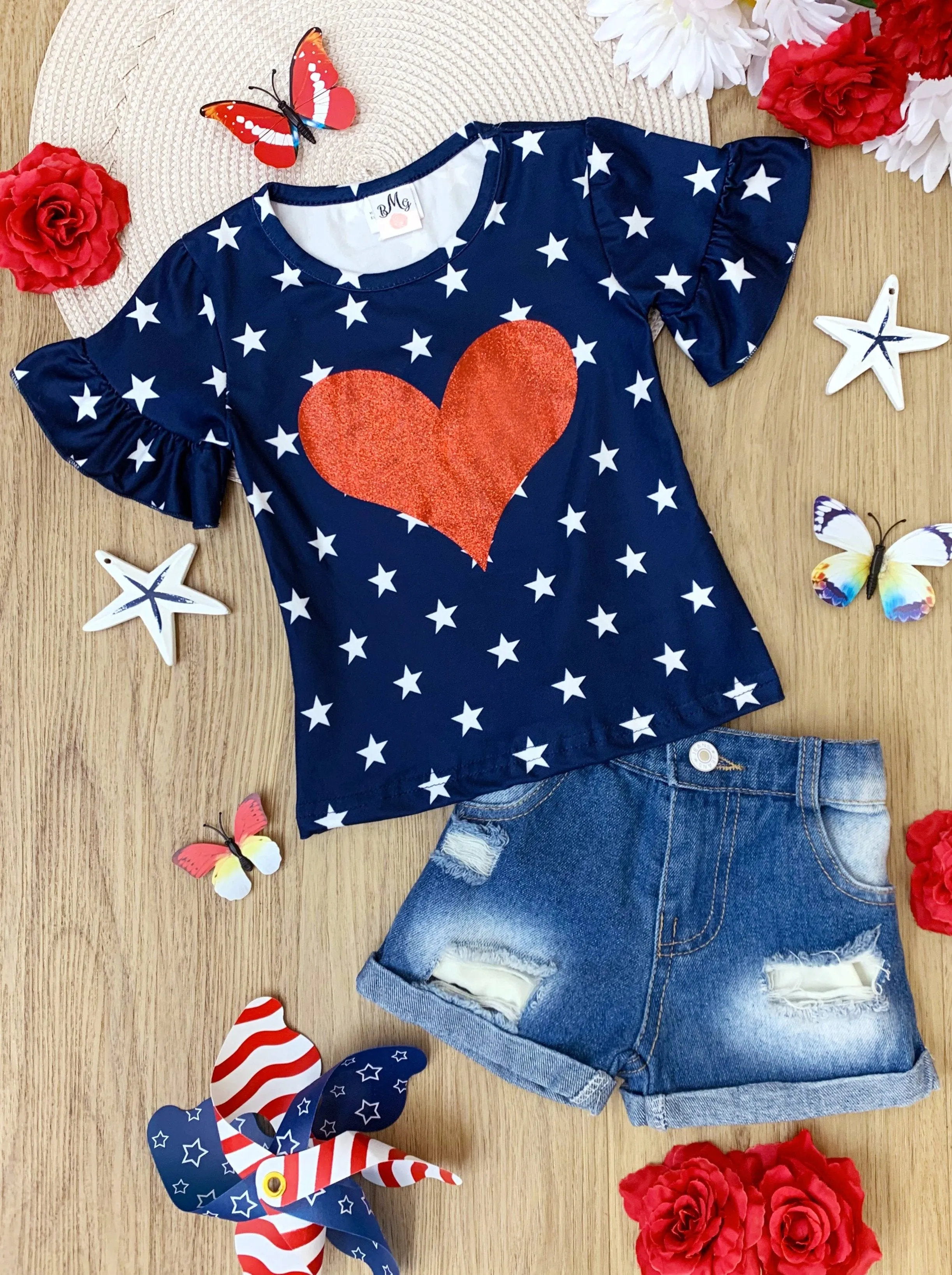 Girls Big Hearted 4th of July Top and Sequin Denim Shorts Set