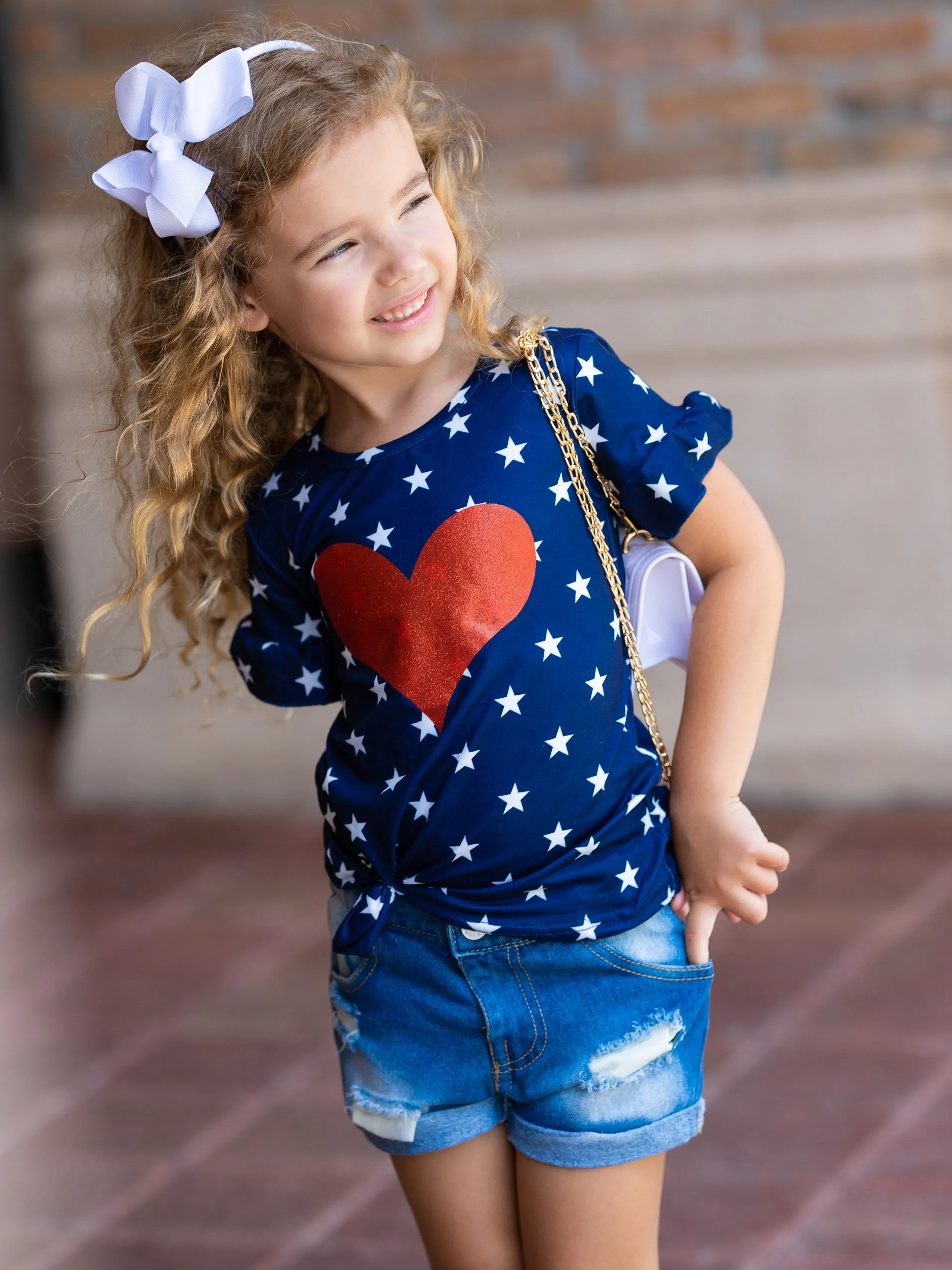 Girls Big Hearted 4th of July Top and Sequin Denim Shorts Set