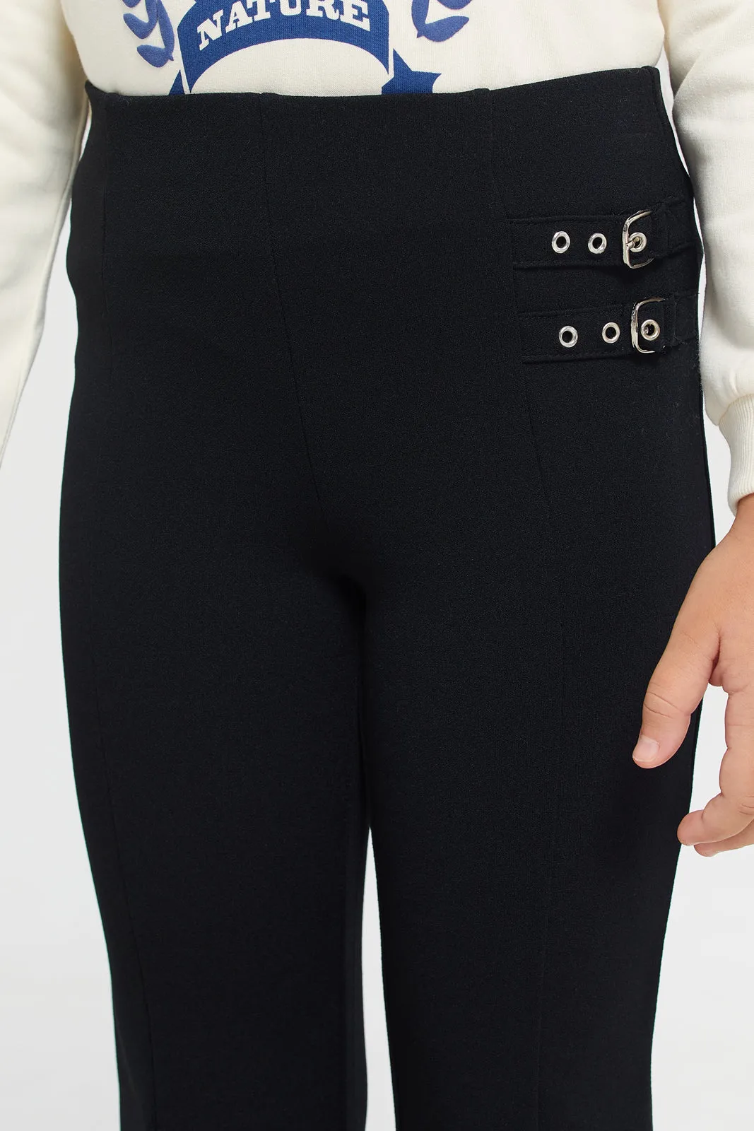 Girls Black Front Belt Detail Leggings