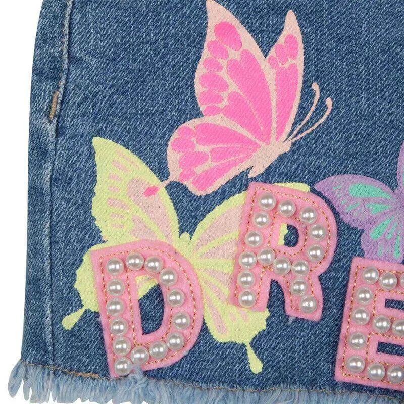 Girls Blue Denim Butterfly Shorts