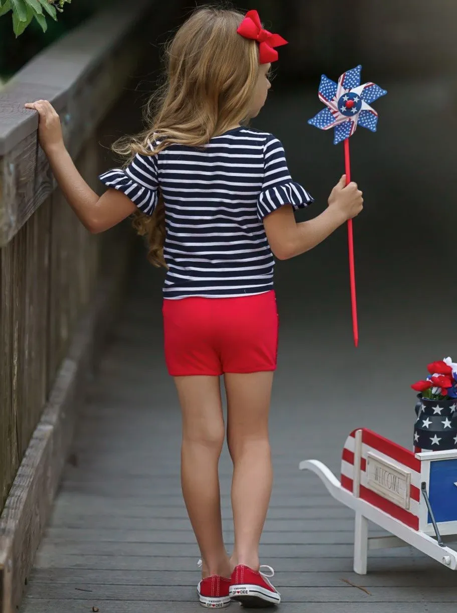 Girls Bright Red Star Top and Sequin Shorts with Sash Set