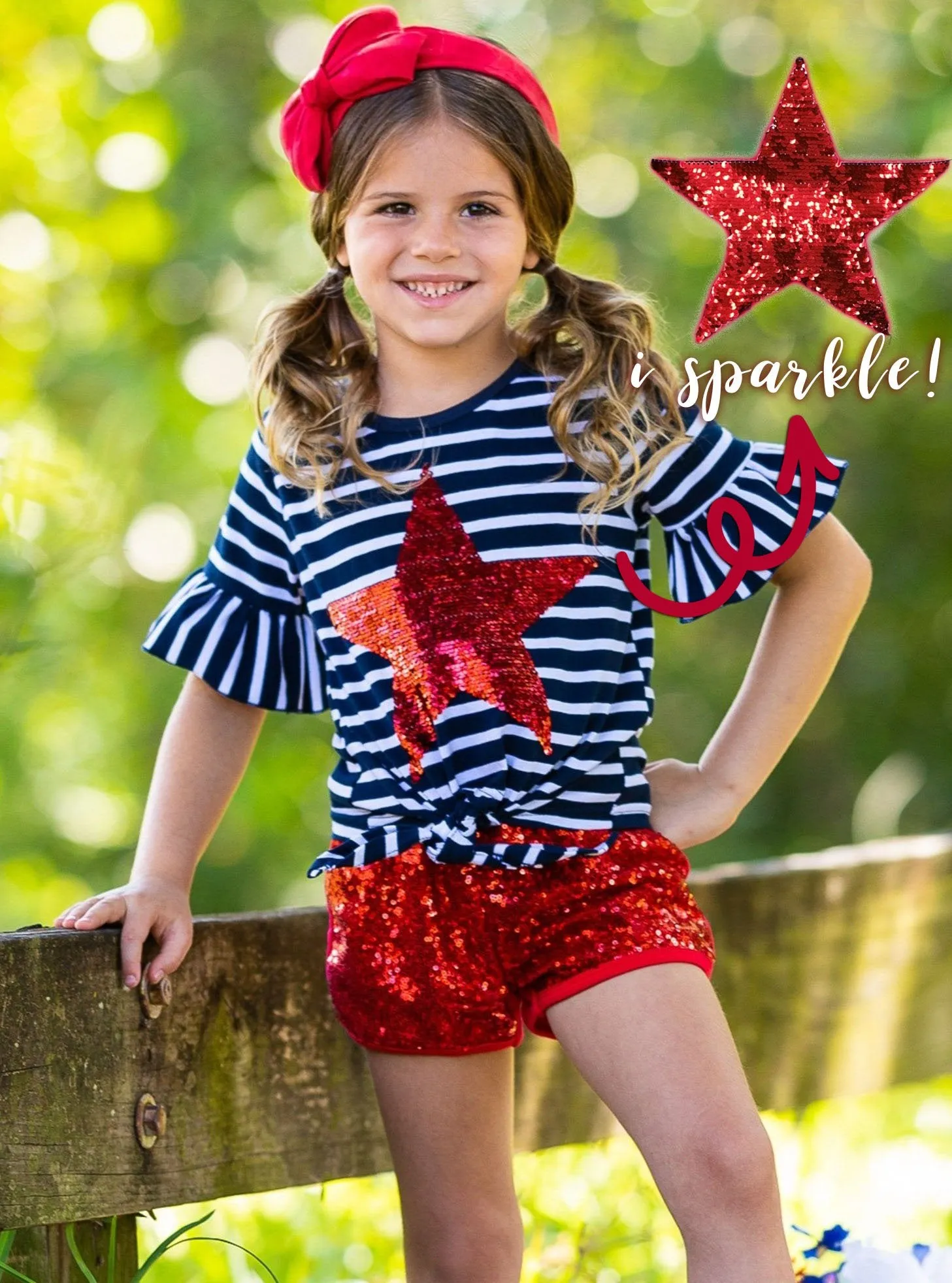 Girls Bright Red Star Top and Sequin Shorts with Sash Set