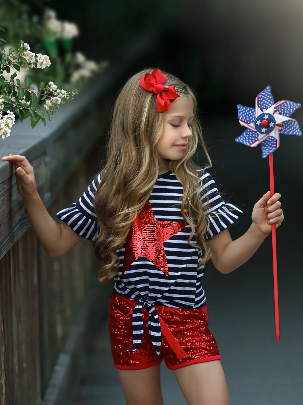 Girls Bright Red Star Top and Sequin Shorts with Sash Set