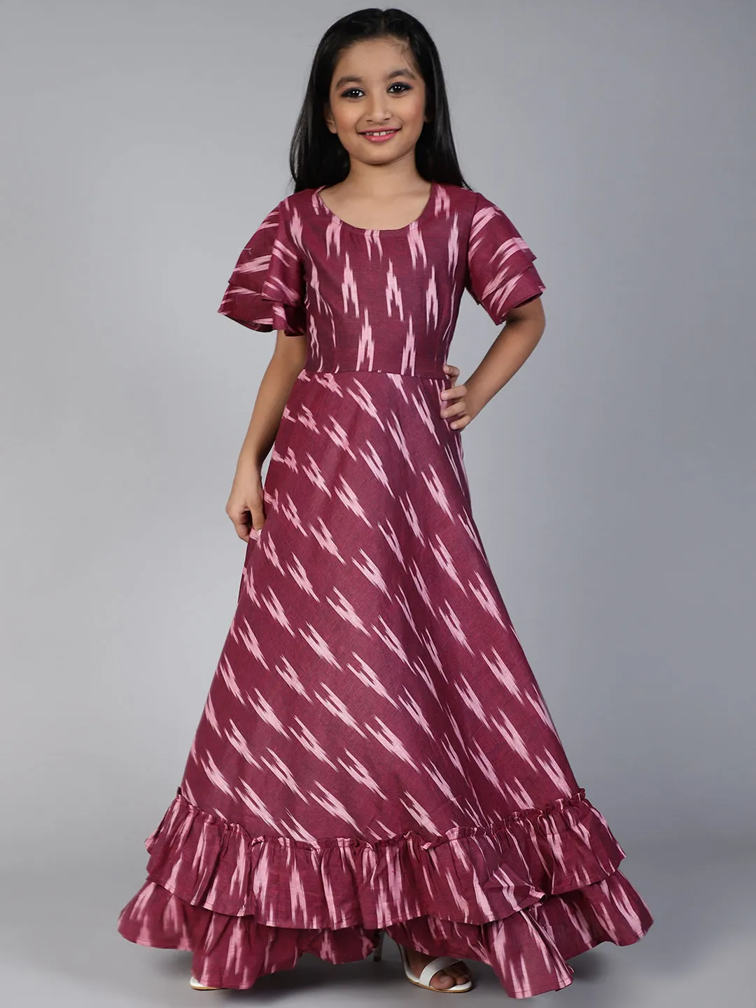 Girl's Burgundy Ikat Designed Flared Dress - Aks Girls