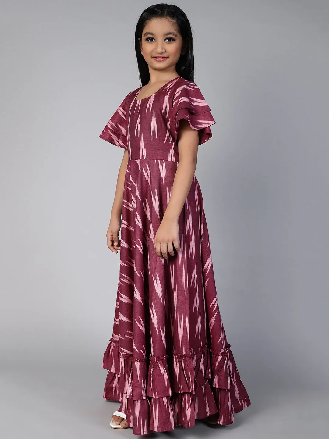 Girl's Burgundy Ikat Designed Flared Dress - Aks Girls