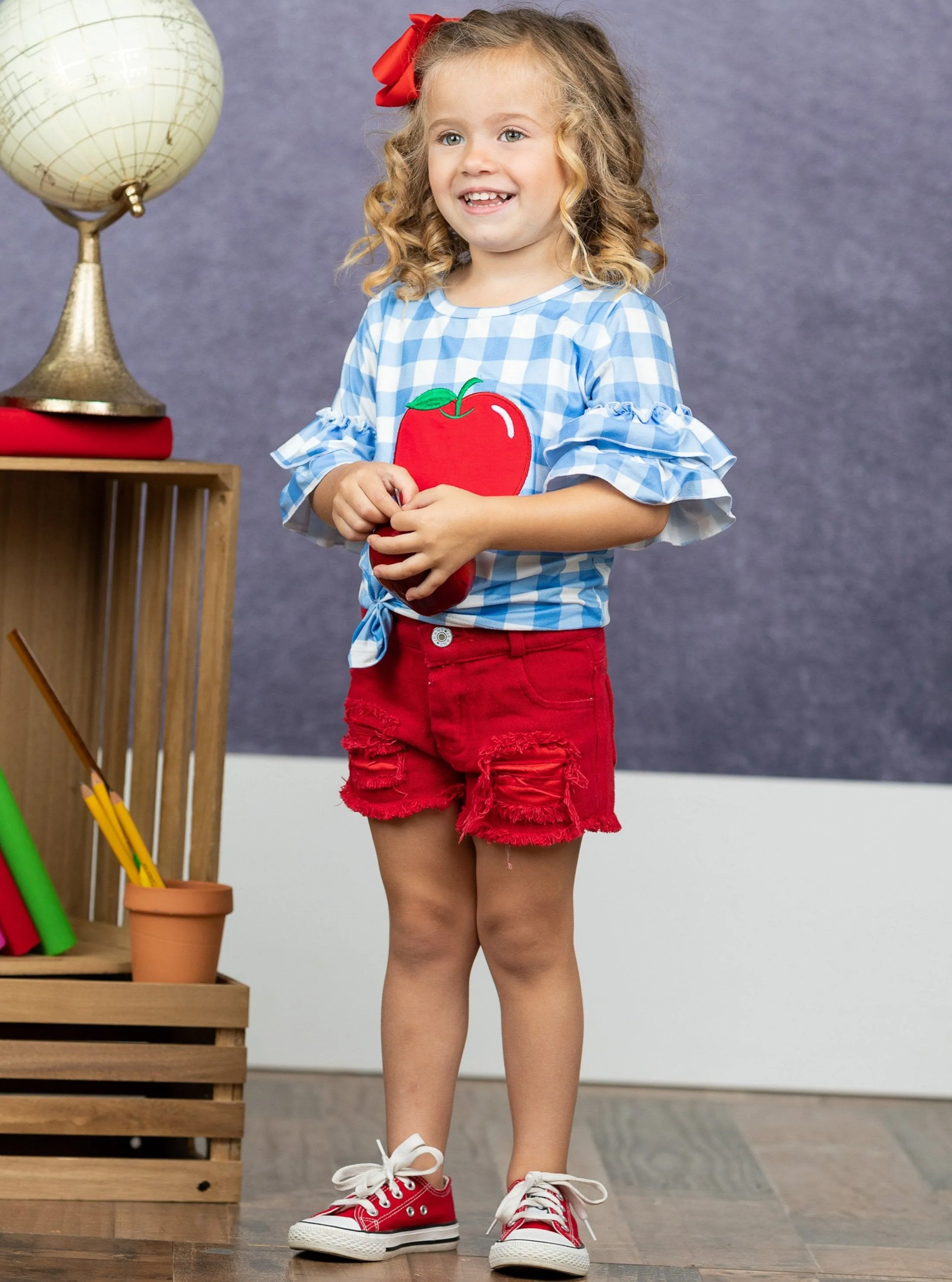 Girls Checkers Apple Top and Distressed Denim Shorts Set