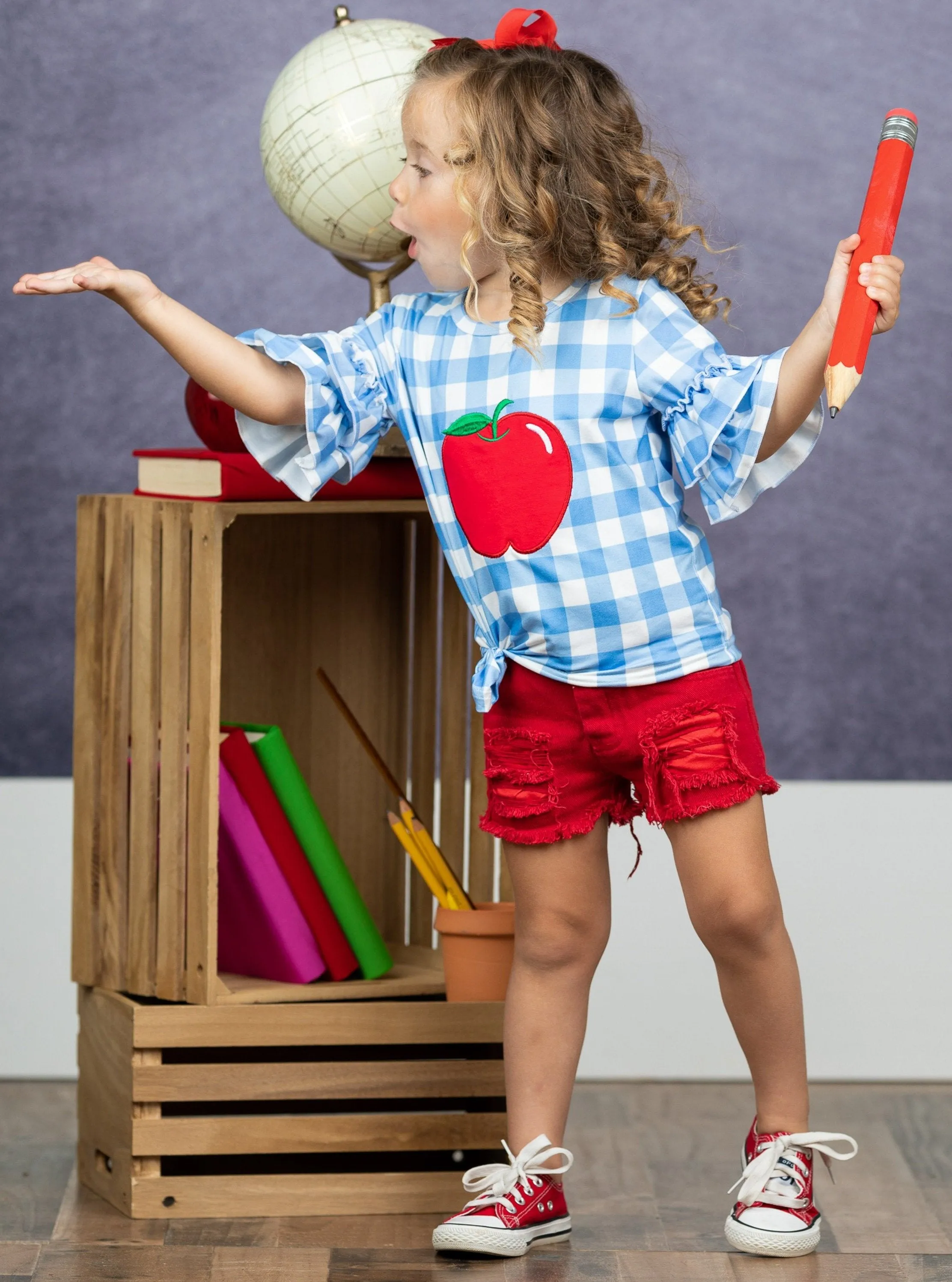 Girls Checkers Apple Top and Distressed Denim Shorts Set