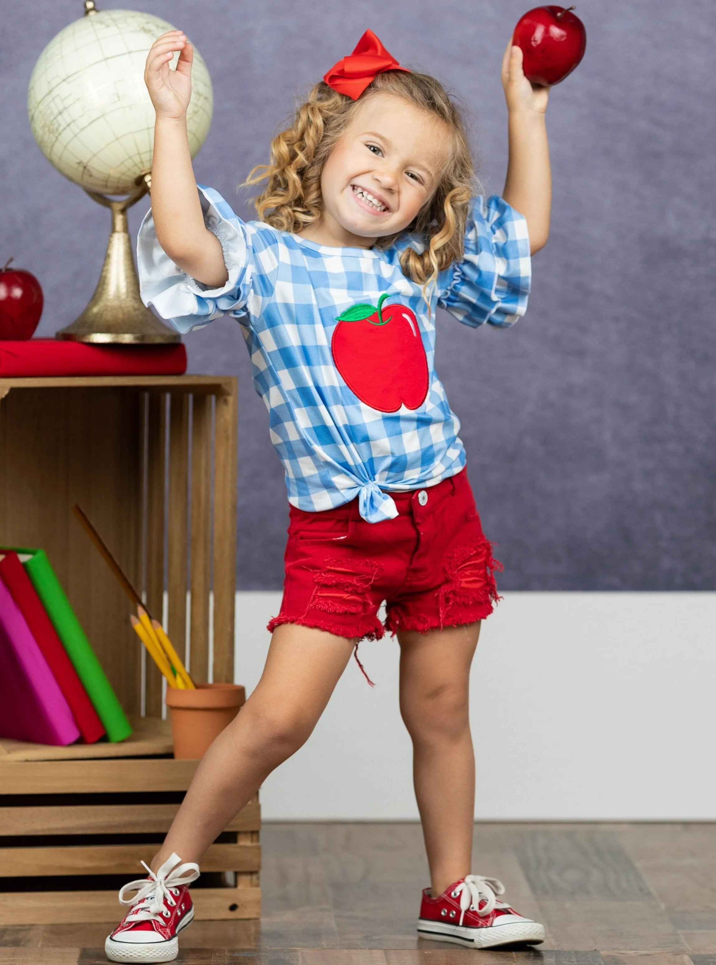 Girls Checkers Apple Top and Distressed Denim Shorts Set