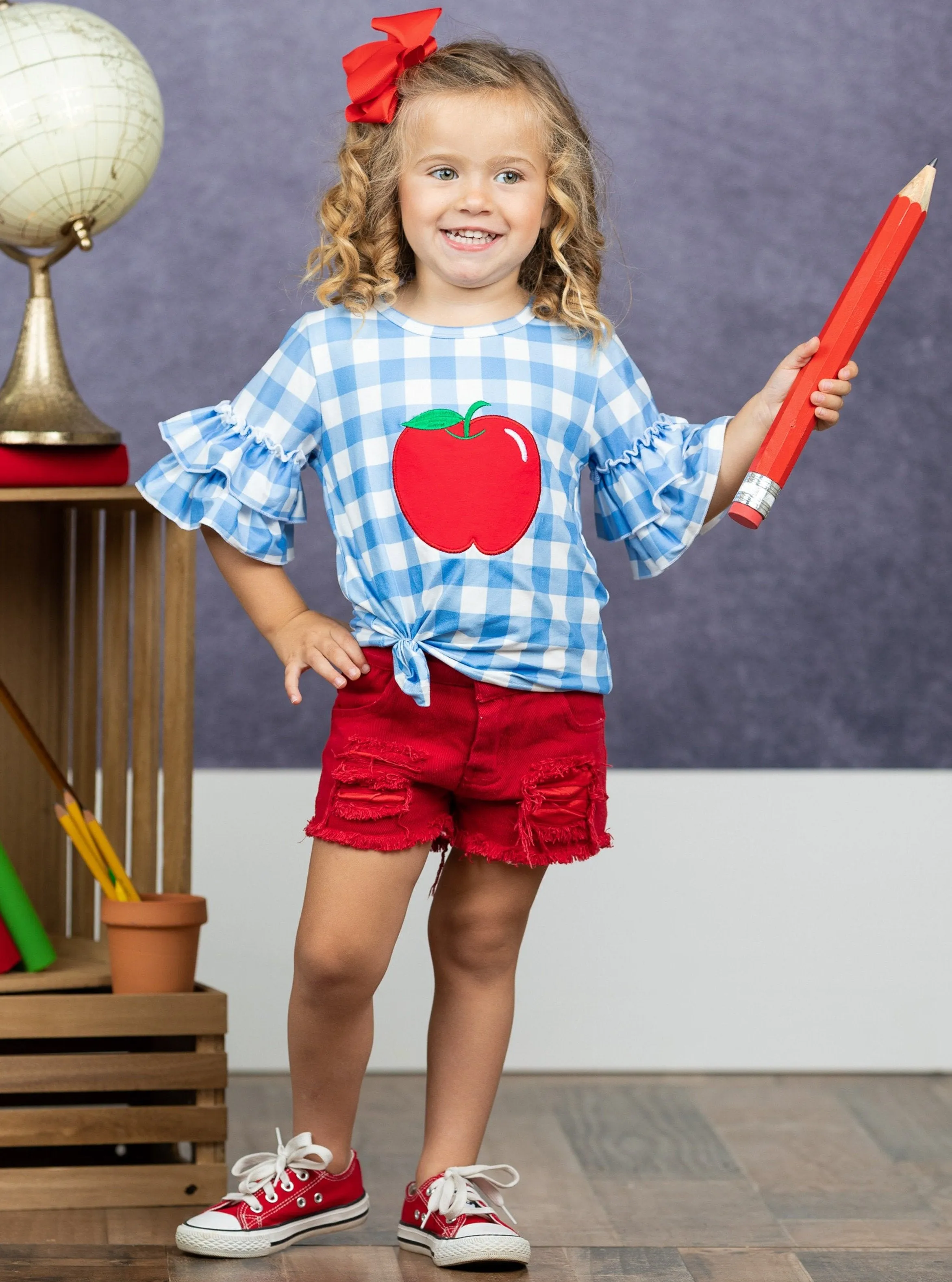 Girls Checkers Apple Top and Distressed Denim Shorts Set