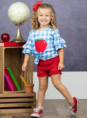 Girls Checkers Apple Top and Distressed Denim Shorts Set