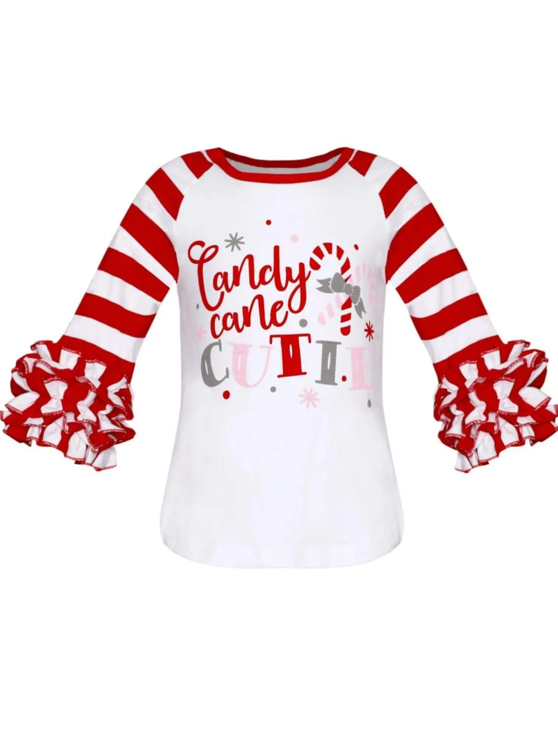 Girls Christmas Themed "Candy Cane Cutie" Striped Long Ruffled Sleeve Raglan Top