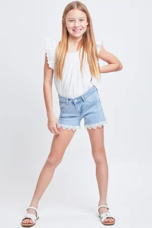 Girls Denim Shorts With Lace Trimmed Hem