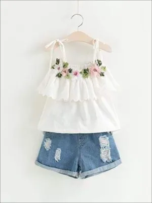 Girls Embroidered Ruffled Tunic And Denim Short Set