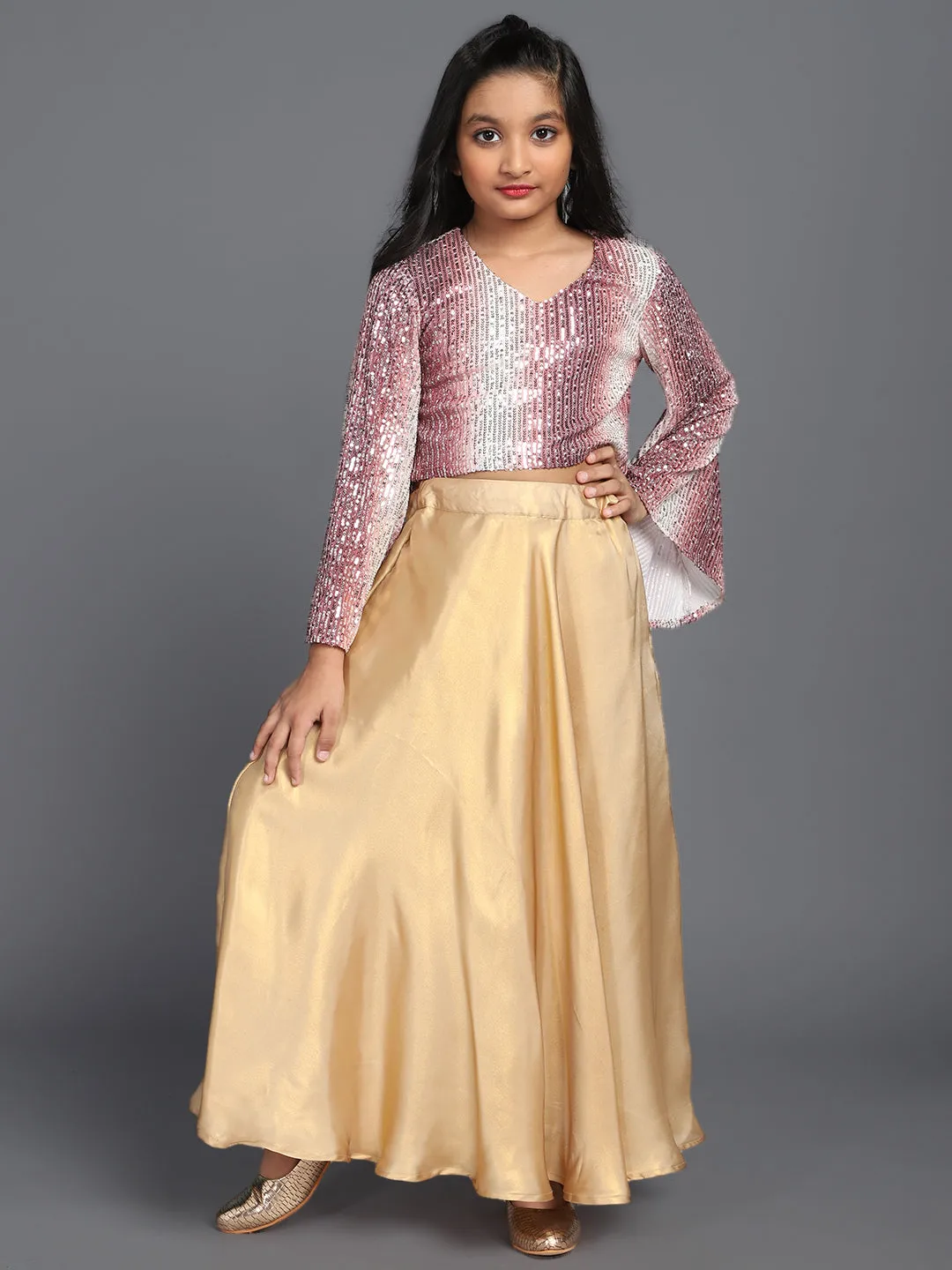 Girl's Gold Solid Flared Skirt - Aks Girls