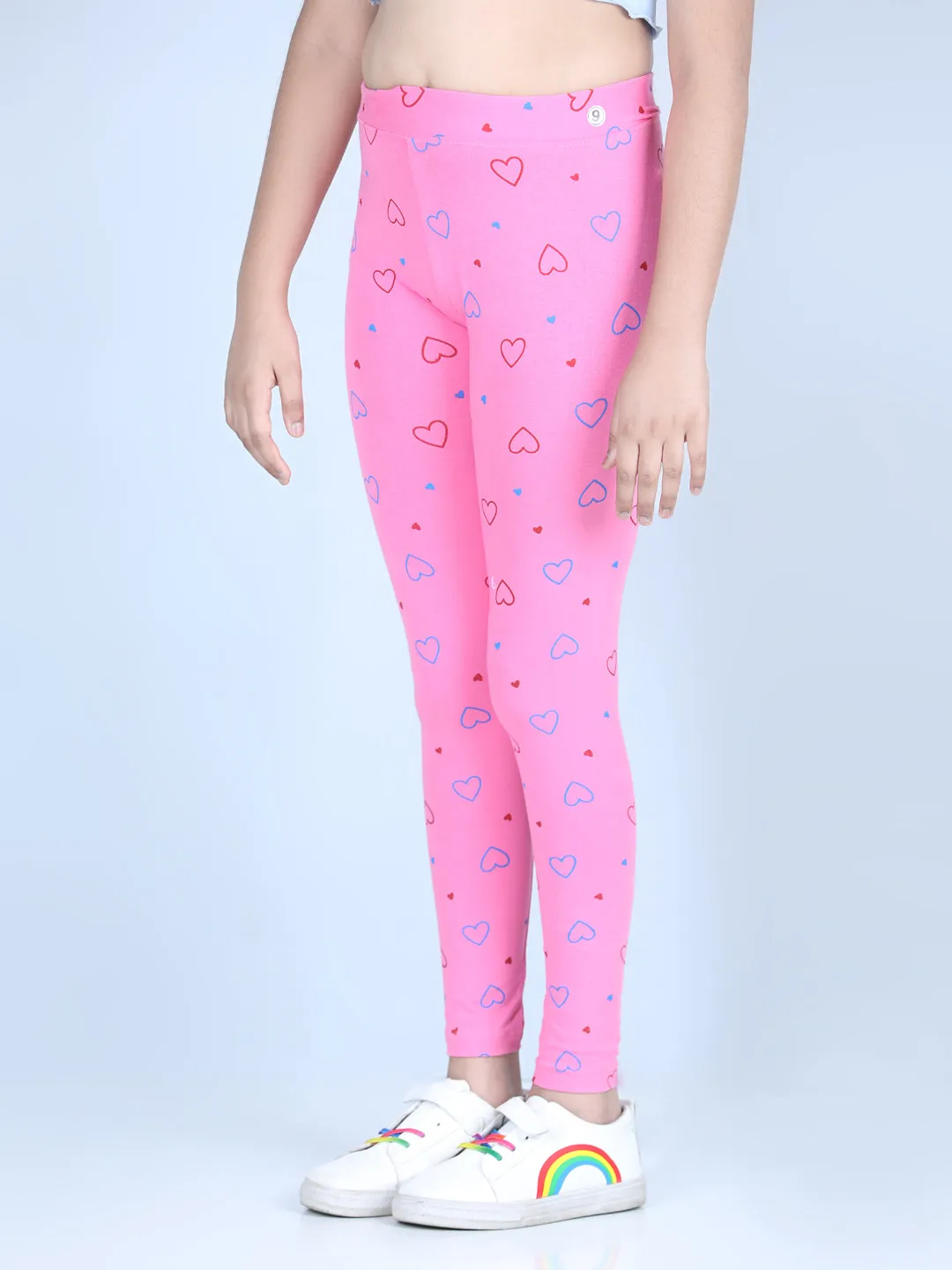 Girl's Heart Printed Leggings With Flat Waistband- Pink - Stylestone Kid